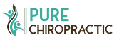 Logo for PURE CHIROPRACTIC with teal and brown text, featuring an abstract design of two stylized figures and a spine-like element.