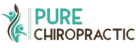 Logo for PURE CHIROPRACTIC with teal and brown text, featuring an abstract design of two stylized figures and a spine-like element.