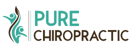 Logo for PURE CHIROPRACTIC with teal and brown text, featuring an abstract design of two stylized figures and a spine-like element.